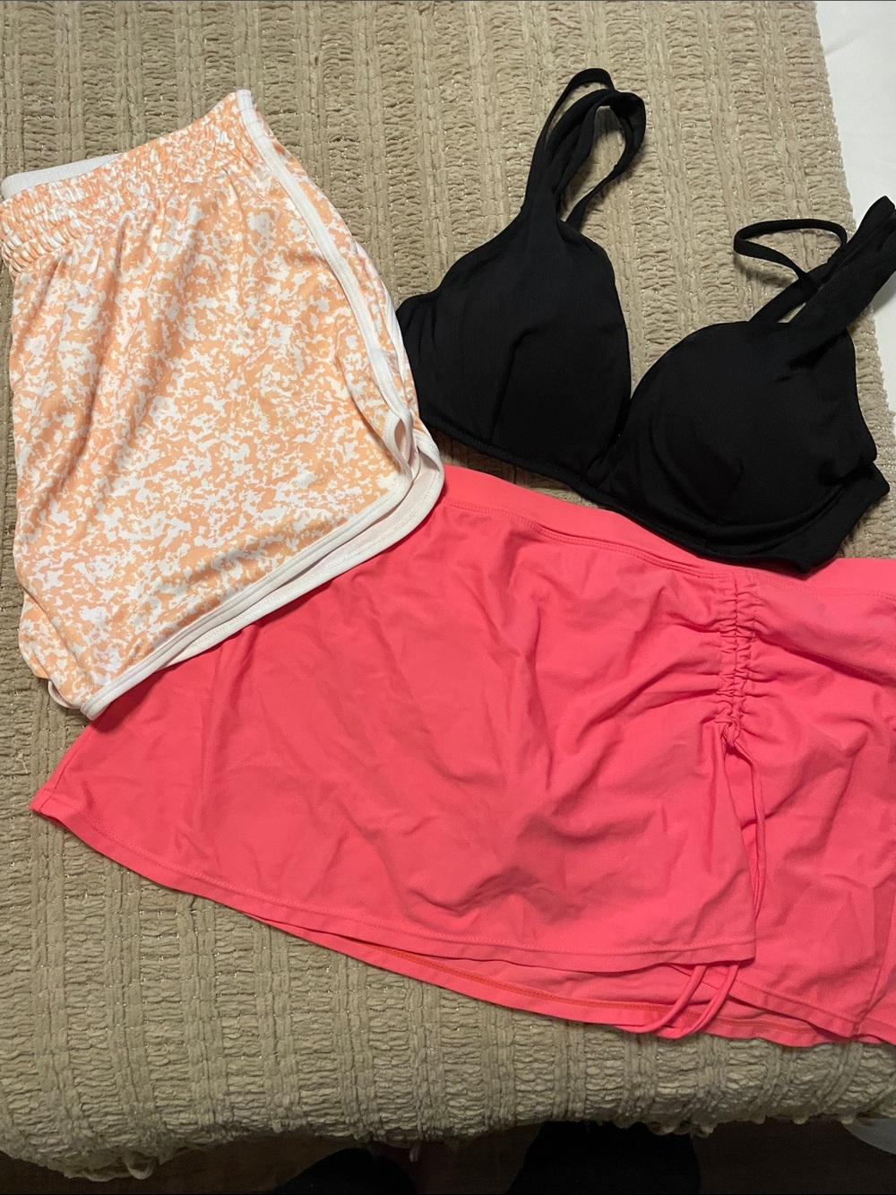 Shade & Shore Black Bra with Coral Pink Swim Skirt and Peach Print Shorts